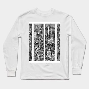 Forest Life Theme of Four Illustrative panels is a Composition of trees, leaves, vines, tribal people Long Sleeve T-Shirt